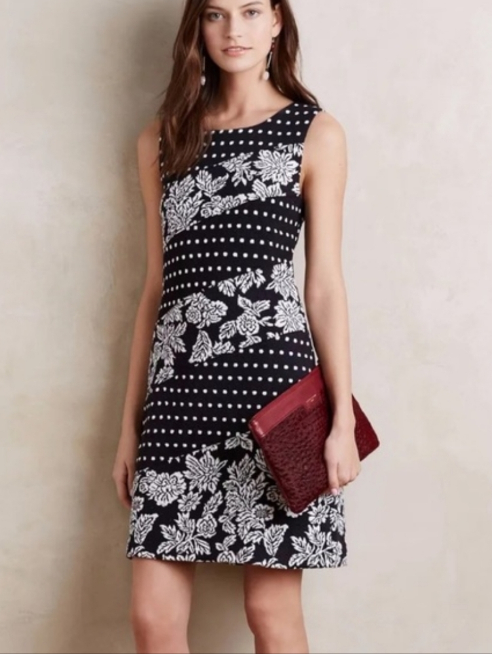 Anthropologie × Maeve Effemy Jacquard Sleeveless Dress Black White Floral Dots M